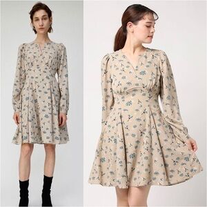NWT MOUSSY Floral Print Taupe Puff Long Sleeve Fit & Flare Empire Waist Dress S